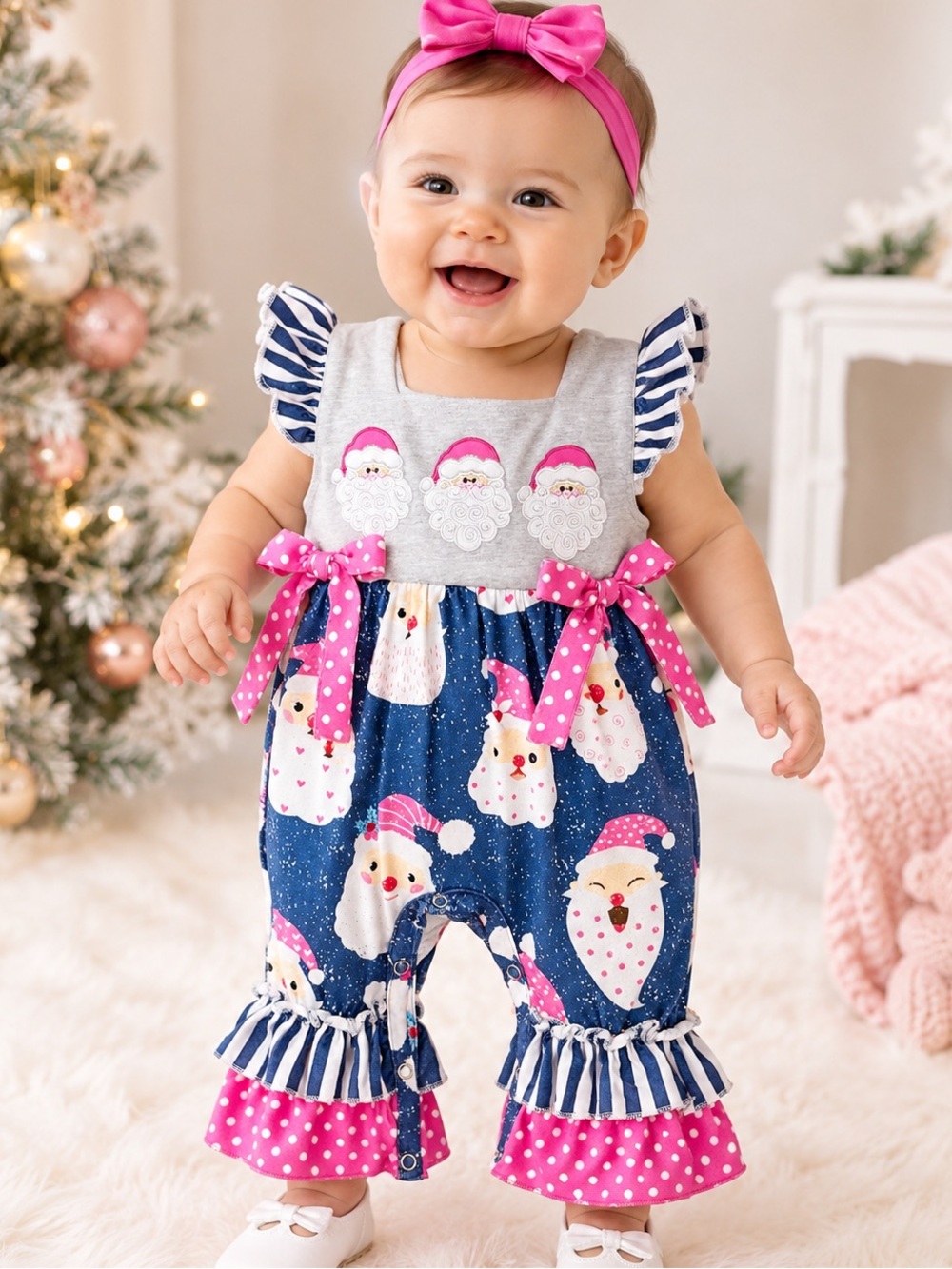 Baby Girl Christmas Santa Ruffle Romper 3-6M Pink Navy Holiday Outfit